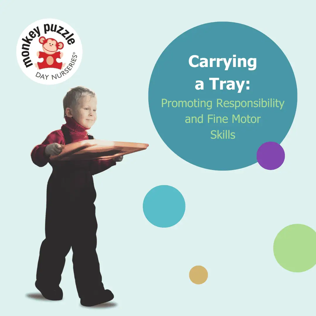 Young child carrying a tray promoting responsibility and fine motor skills at Monkey Puzzle Kingston.
