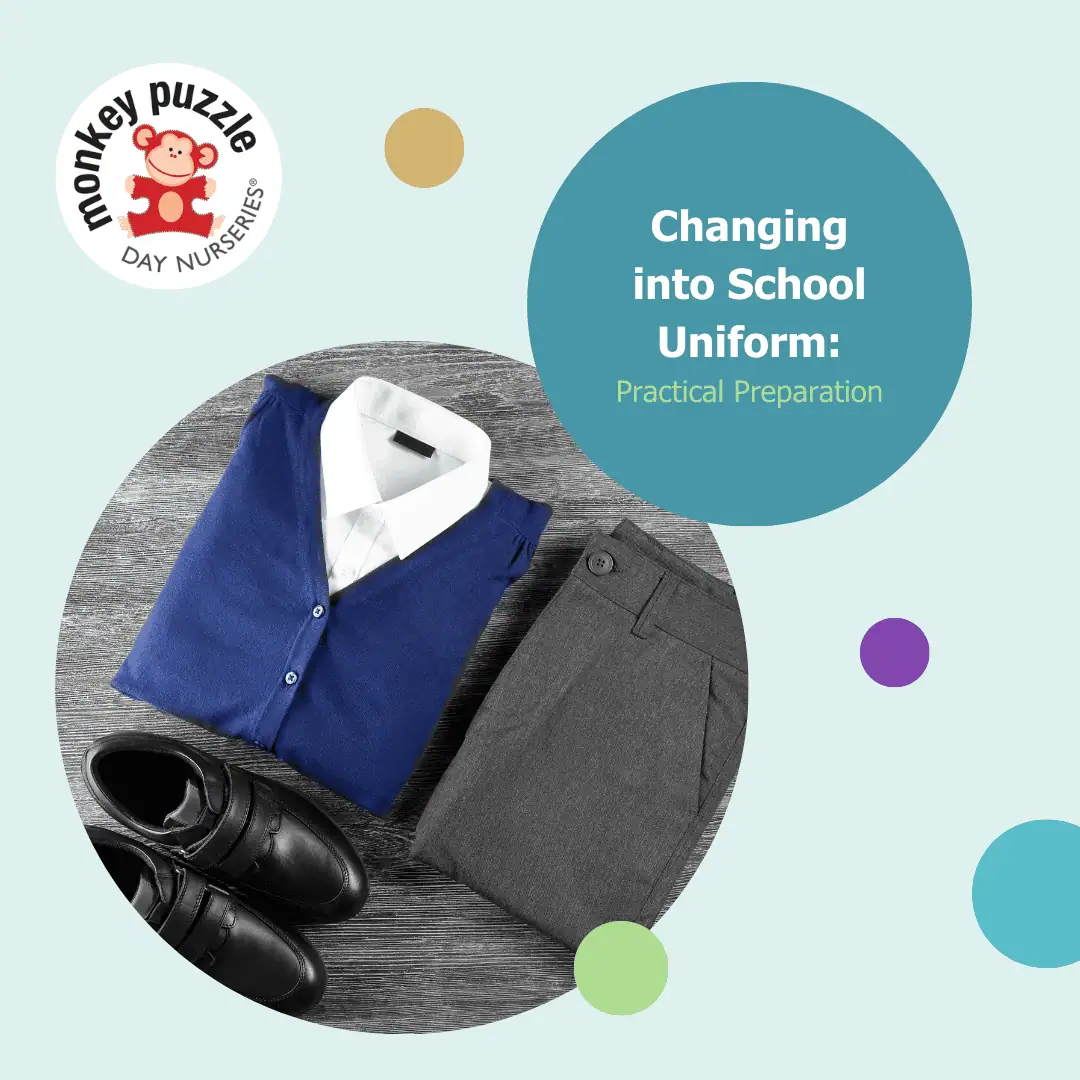 Child's school uniform with shirt, cardigan, trousers, and shoes for nursery children.