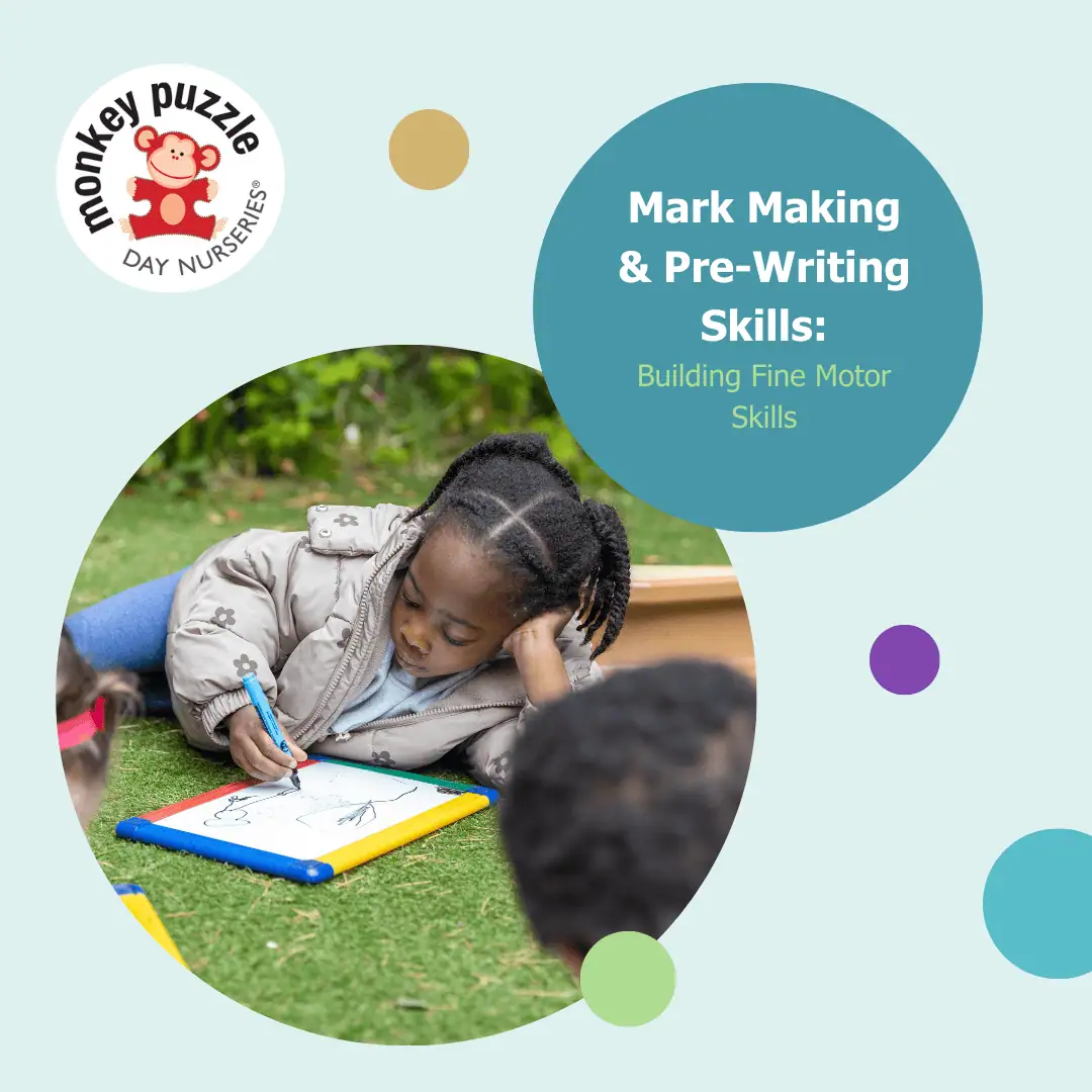 Child practicing mark making and pre-writing skills outdoors at Monkey Puzzle Kingston.