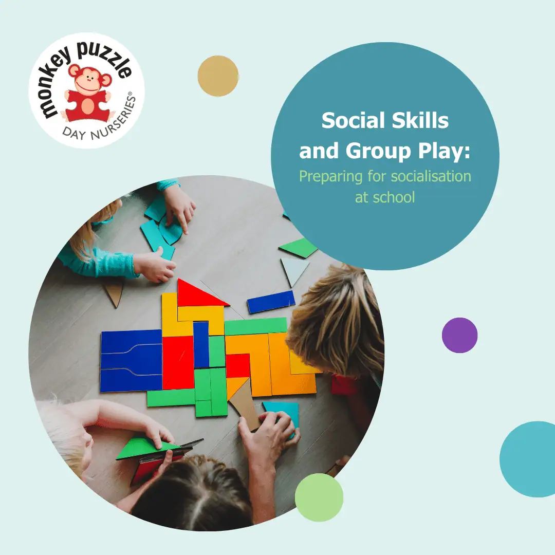 Children playing with colorful building blocks at Monkey Puzzle Day Nursery Kingston.