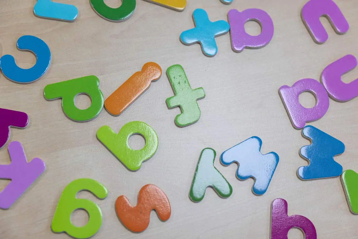 Colorful alphabet and number toys for early childhood education.
